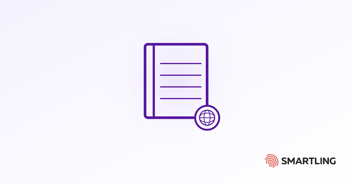 Book with a globe badge representing employee handbook translation