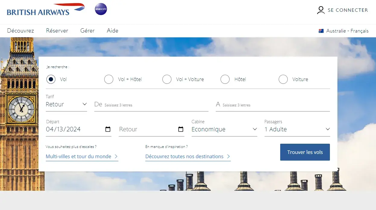 Traduction de la page d'accueil de British Airways