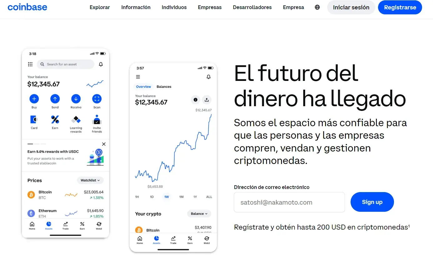 Page d'accueil de Coinbase en espagnol