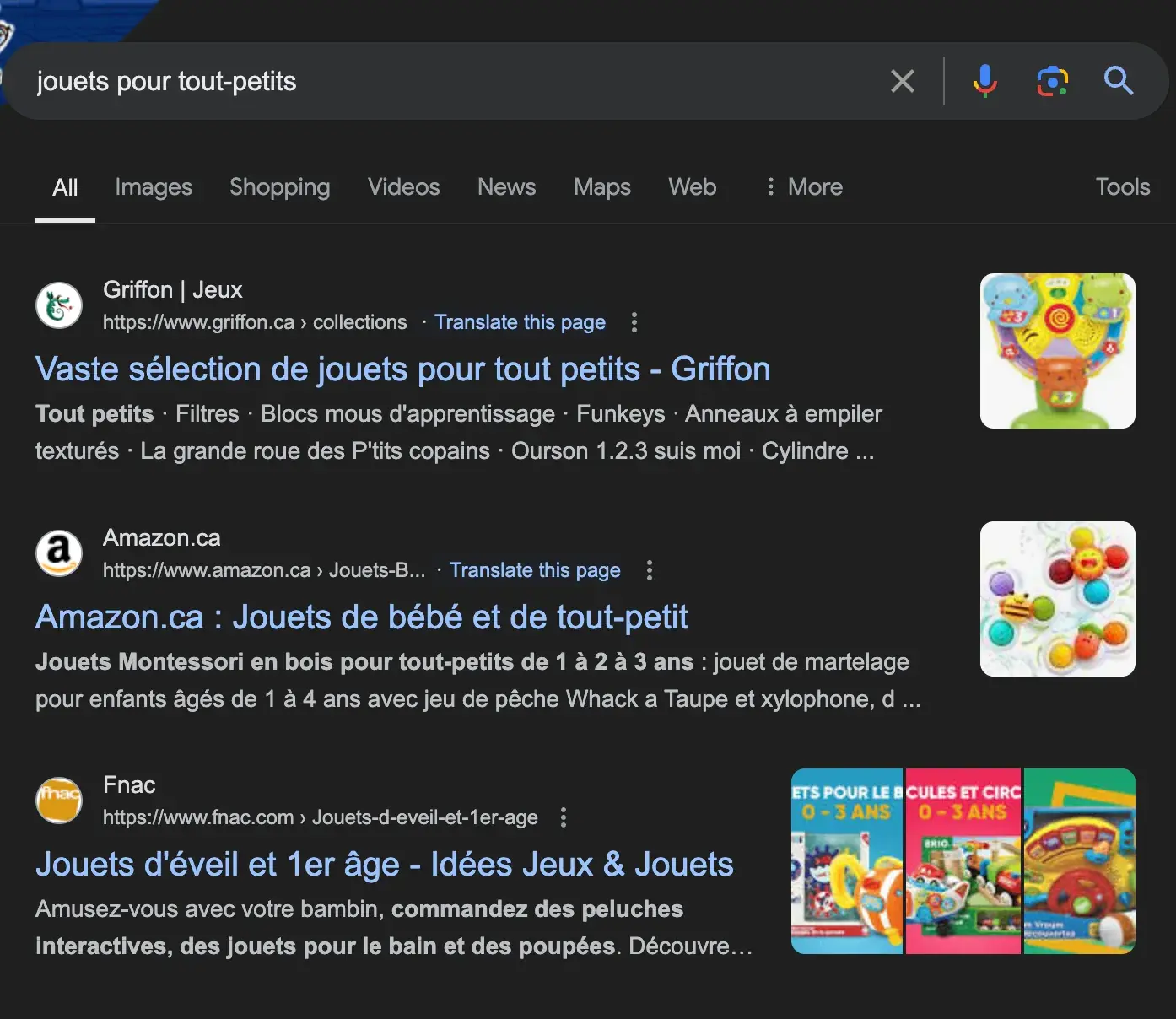Zoekresultaten voor jouets pour tout-petits in het Frans, wat zich vertaalt naar 'speelgoed voor peuters'. 