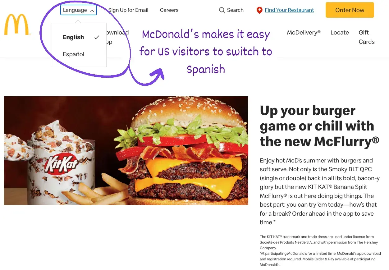 Een voorbeeld van meertalige UX-opties (Bron: homepage van McDonald's)