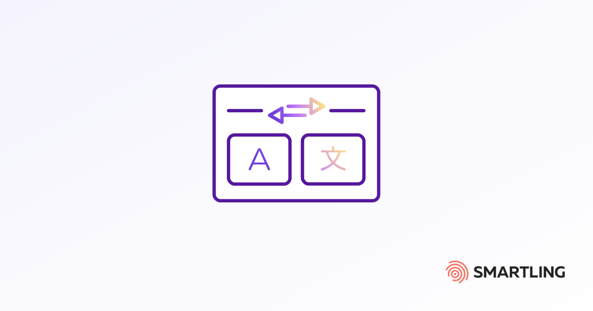 App interface showing text converting from one language to another across a translation arrow, representing machine translation.