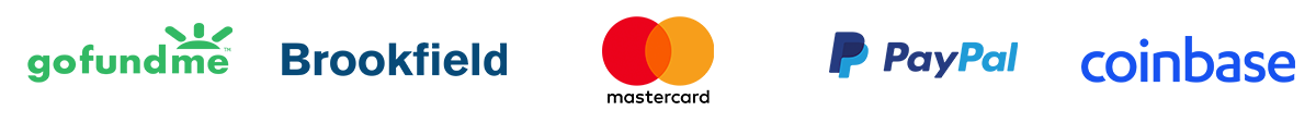 gofundme logo, Brookfield logo, Mastercard logo, Paypal logo, coinbase logo