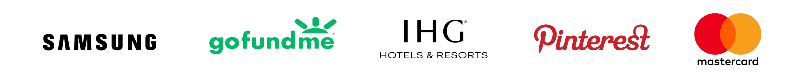 Samsung logo, gofundme logo, IGH Hotel and Resorts logo, Pintrest logo, Mastercard logo